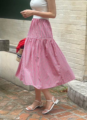 Dite Check Color Matching Banding Flare Skirt